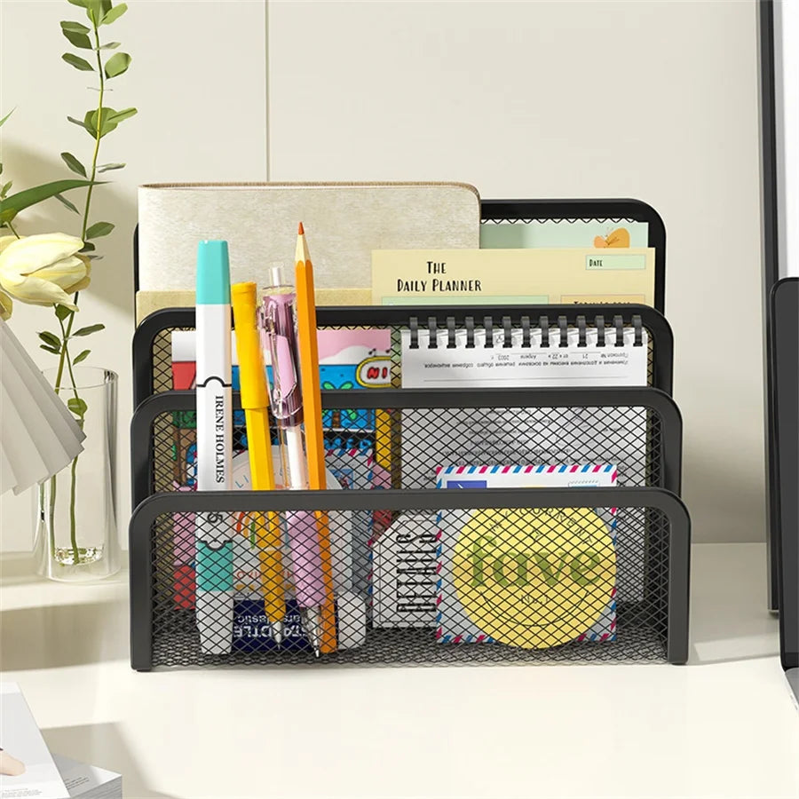 Papers Trays Notebook Stand Rack Desk 3-layer Black Metal Iron Mesh