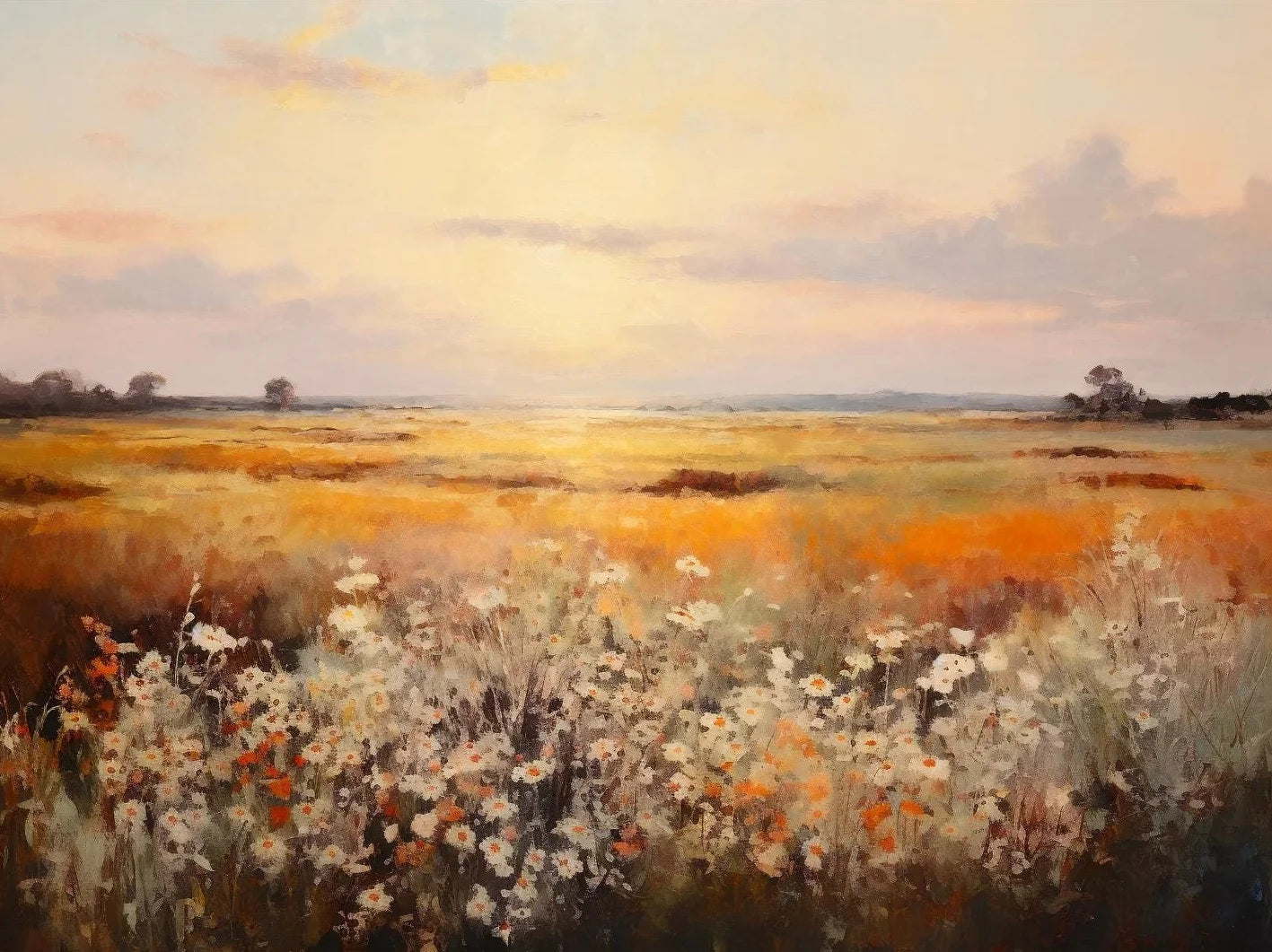 Wildflower Field Landscape Oil Poster Vintage Rustic Moody Autumn Country Scenery Canvas Painting Wall Art for Room Home Deco Peaceful Pleasures Health and Wellness 8 40x50cm Unframed