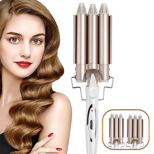 Automatic LCD Display Ceramic Ionic Hair Curler New Home Use Three Barrel Hair Waver PTC Heater Big Wave Curler for Waves Curls Peaceful Pleasures Health and Wellness