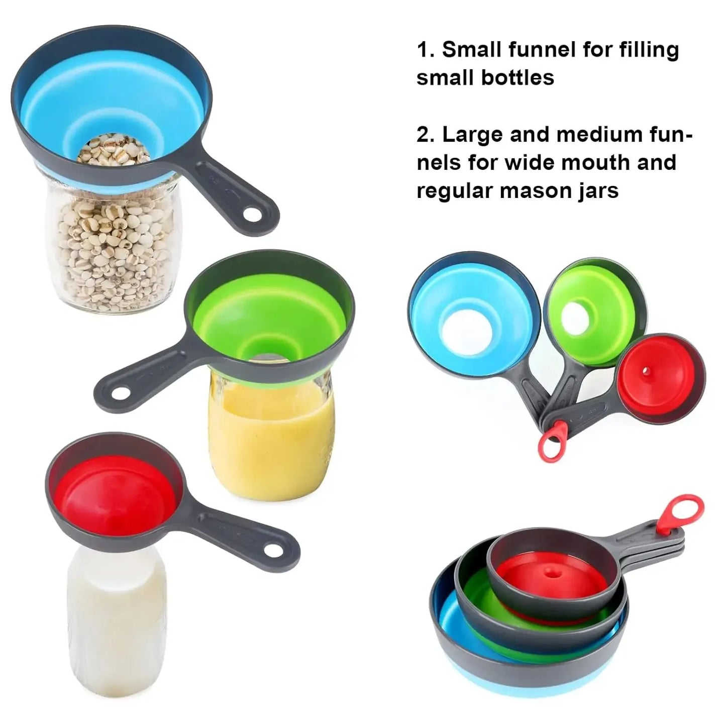 Large Small Funnel set of 3, Silicone Collapsible Funnel, Wide Mouth Canning Funnel for Mason Jars, Jam, Filling Bottles, Flask Peaceful Pleasures Health and Wellness