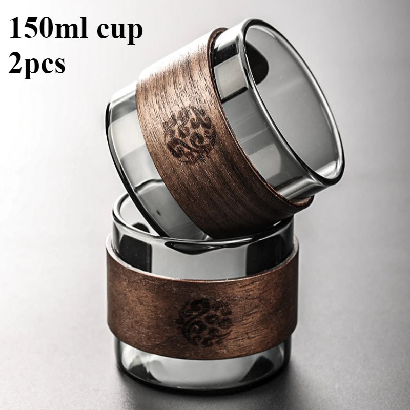 Thickened Glass Tea Cup with Wooden Ring Heat-resistant and Heat-resistant Water Cup Master Cup Household Glass Cup Coffee Cup Peaceful Pleasures Health and Wellness 2pcs 150ml 301-400ml