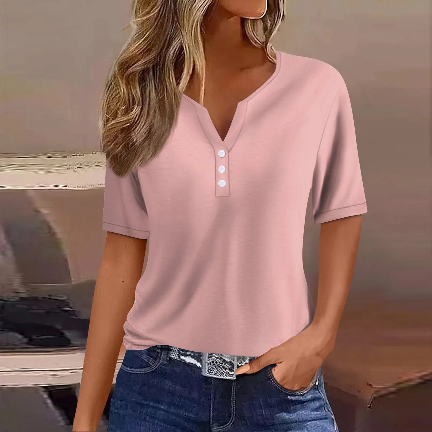 Women Summer Trendy Simple Casual Fashion Button T Shirt V Neck Short Sleeve Solid Loose Pullover Tops Plus Size Ropa De Mujer Peaceful Pleasures Health and Wellness Pink S