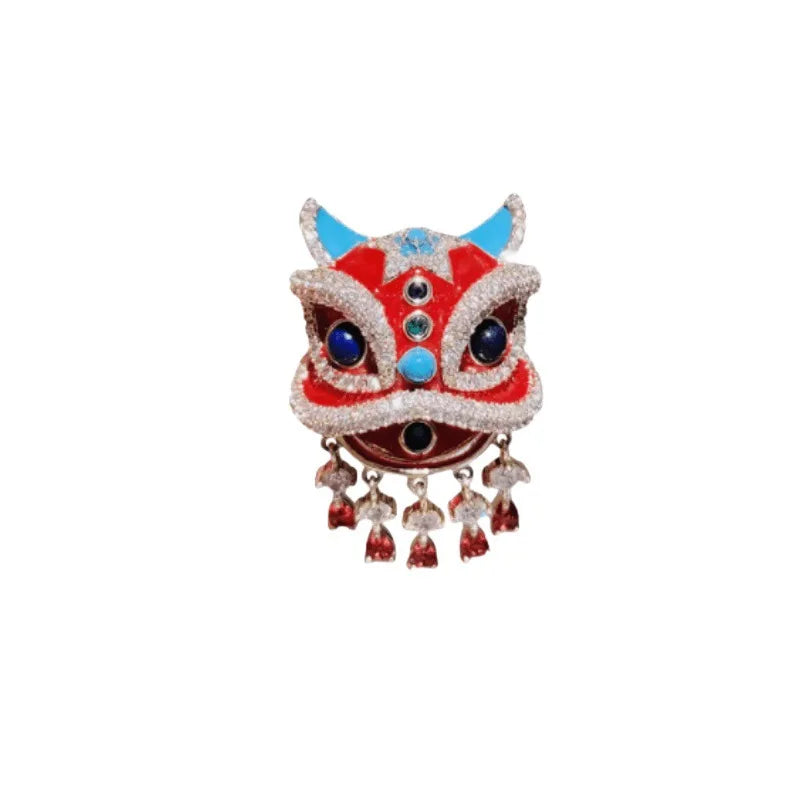 Chinese Style Red Lion Dance High End Accessory Enamel Painted Brooch Peaceful Pleasures Health and Wellness