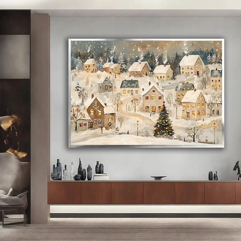 Vintage Christmas Train Holiday Winter Snow Farmhouse Town Village Poster Print Canvas Painting for Living Room Home Decor Peaceful Pleasures Health and Wellness