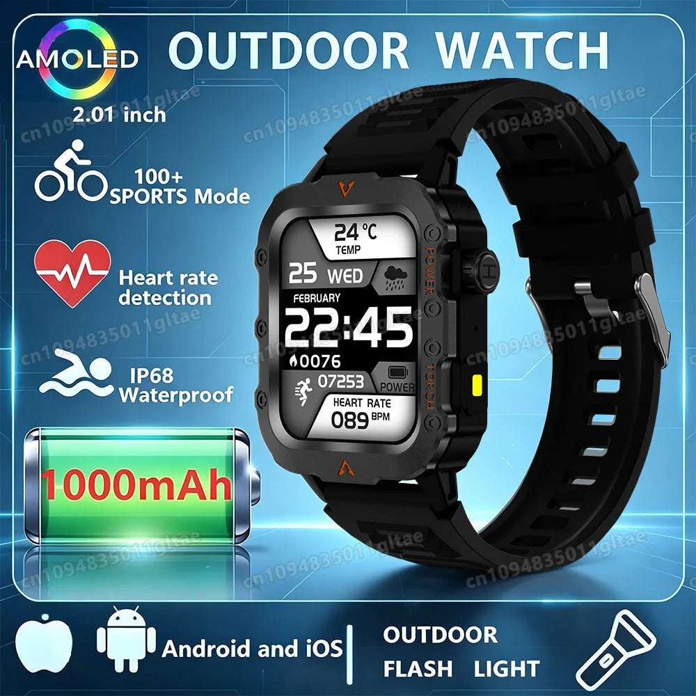 2026 New Men Smart Watch HD Bluetooth Call Sleep Heart Rate Health Monitoring Outdoor LED Flashlight Waterproof Sport Smartwatch Peaceful Pleasures Health and Wellness Black