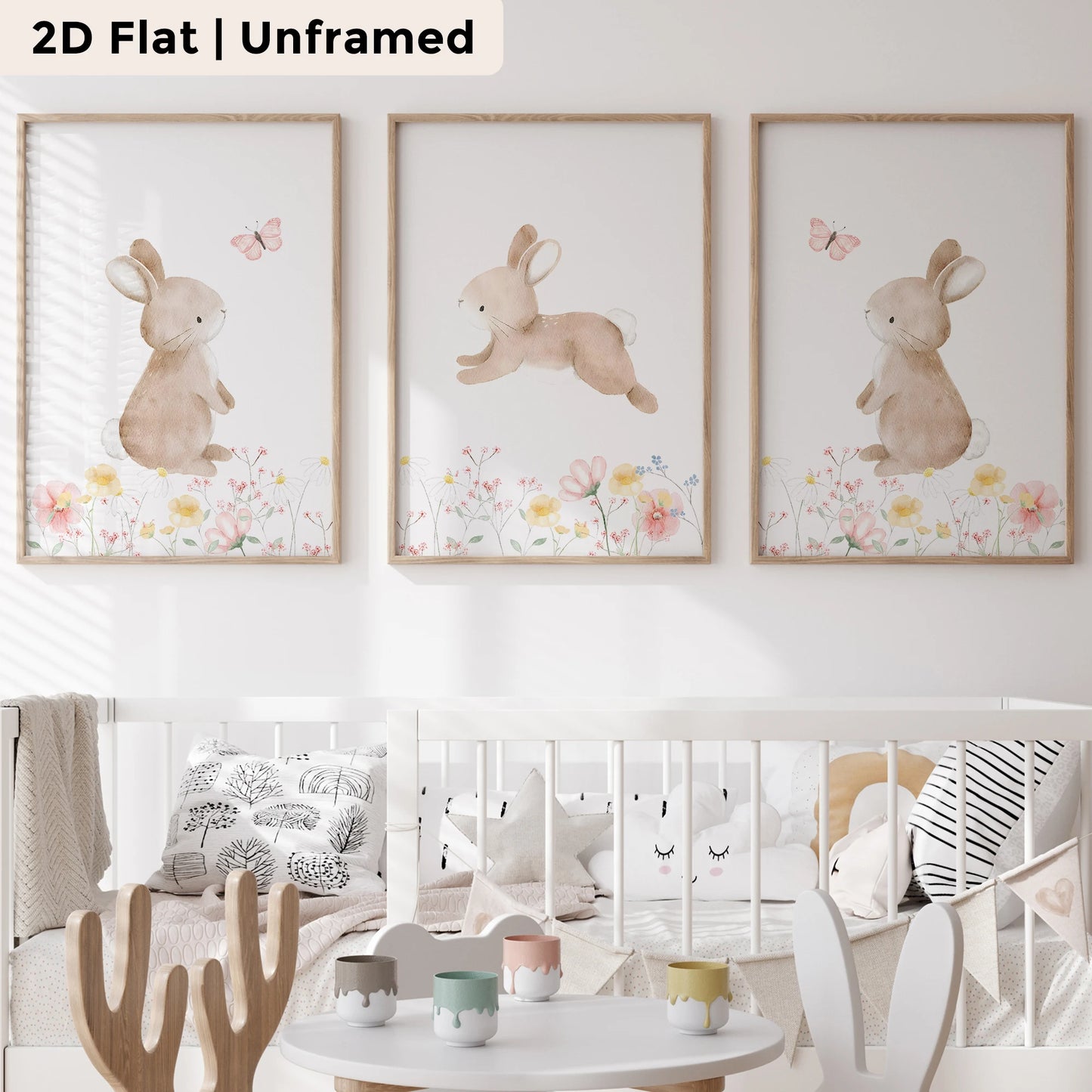 3-Piece Cartoon Rabbit Butterfly Canvas Wall Art Print Set