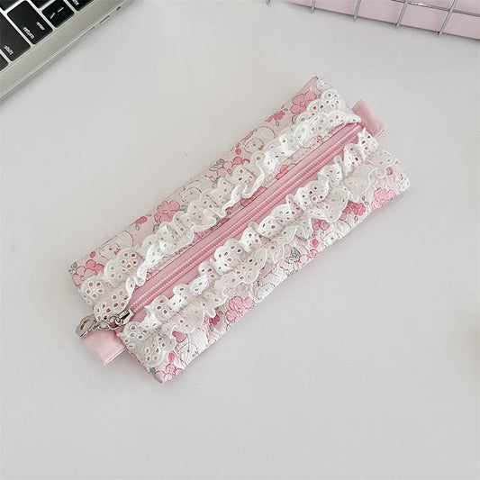 Fresh Lace Pencil Pouch Large Capacity Cosmetic Bag Flower Pattern Pen Case Makeup Bag Cartoon Stationery Storage Bag Peaceful Pleasures Health and Wellness Style J