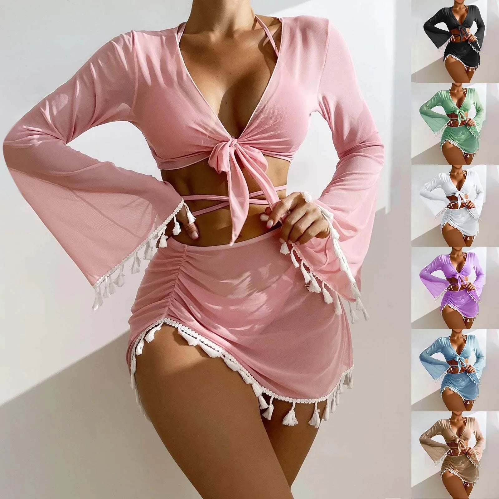 Solid Color Sexy Fashion Slim Fitting Beach Swimwear For Lady Split Lightweight Strap High Waist Pleated Cover-up Four-Piece Set Peaceful Pleasures Health and Wellness