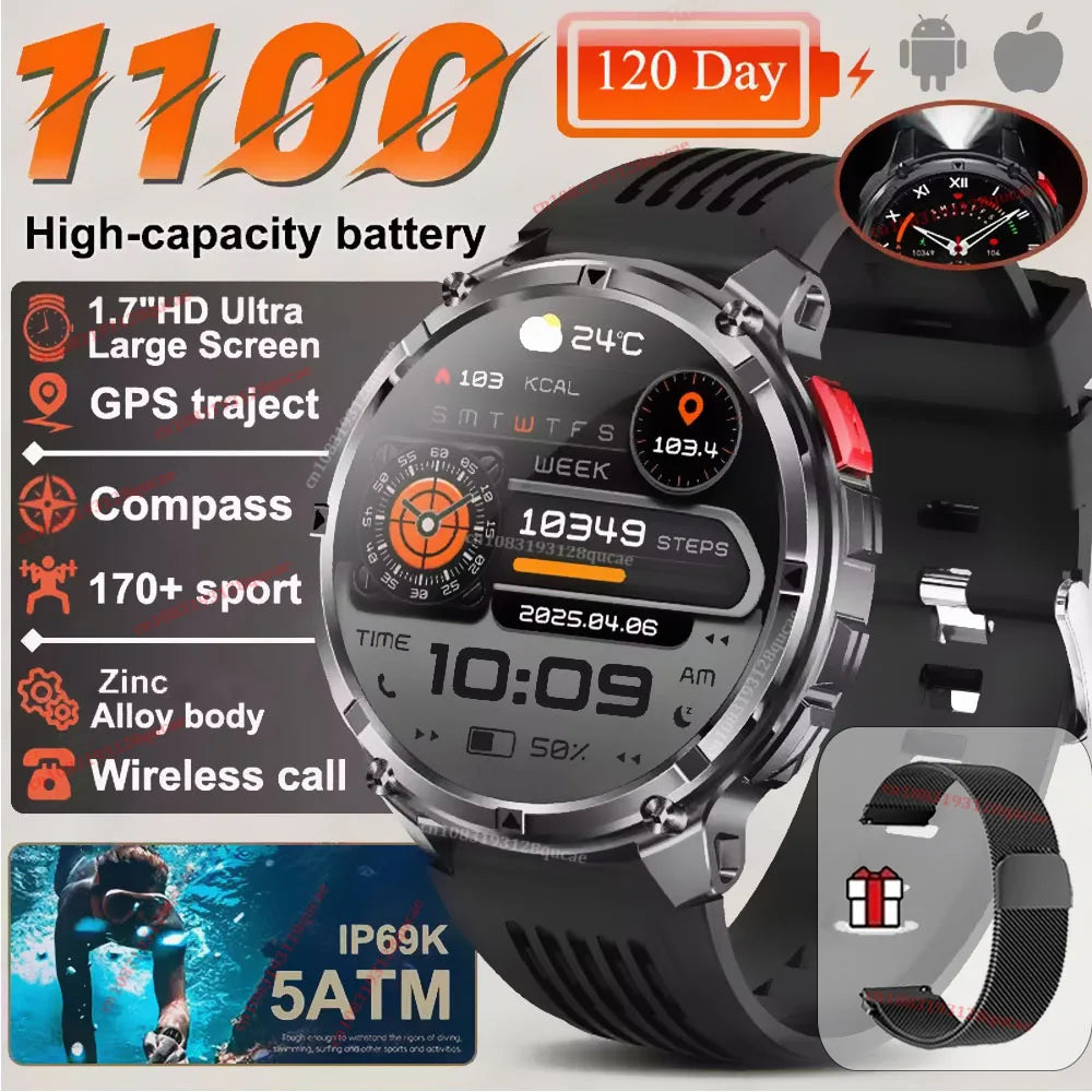 2026 New Military 1100mAh Big Battery Outdoor Smart Watch Men GPS Path Compass 10ATM Waterproof Calls AMOLED HD Sport Smartwatch Peaceful Pleasures Health and Wellness Black Milan 1100 Mah