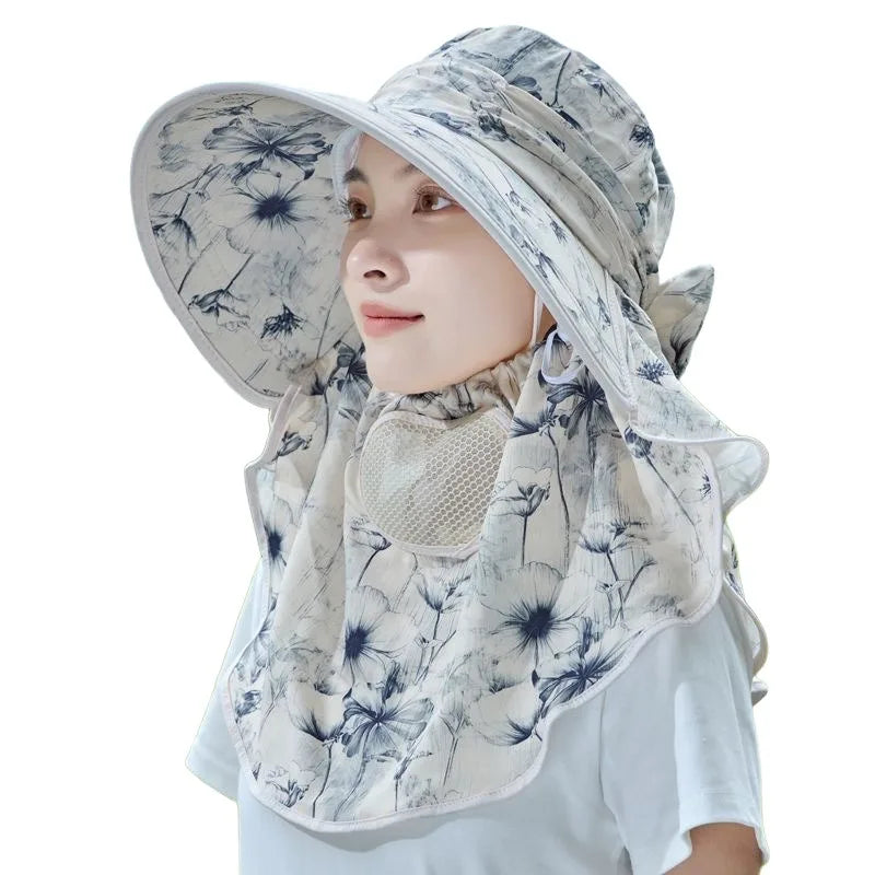 Sun Protections Hat with Face-Mask UV Resistant Wide Brim for Outdoor Cycling Farming Peaceful Pleasures Health and Wellness Cream colored
