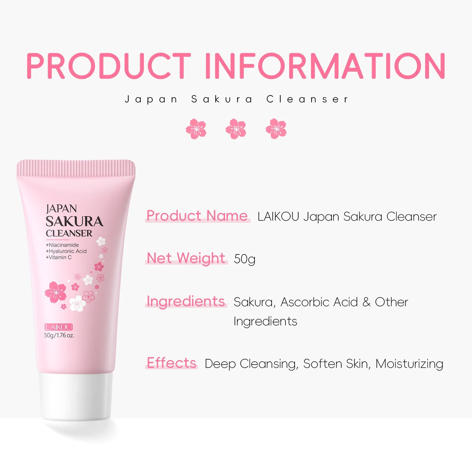 Laikou Sakura Facial Cleanser Deep Cleansing Pores Oil Control Moisturizing Brightening Face Wash Gentle For All Skin Types 50g Peaceful Pleasures Health and Wellness