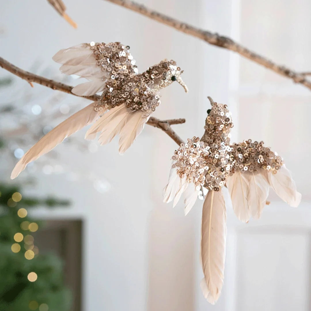 2PCS Feathered Hummingbird Christmas Tree Ornaments | Glitter Birds