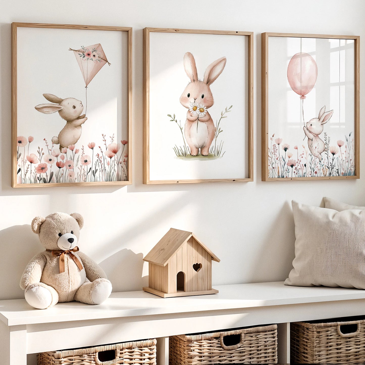3-Piece Cartoon Rabbit Floral Canvas Wall Art Print | Home Decor