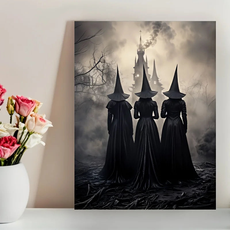 Classic Retro Aesthetics Wall Art Halloween Goth Ghost Witch and Crow Pumpkin HD Oil on Canvas Poster Home Bedroom Decor Gift Peaceful Pleasures Health and Wellness