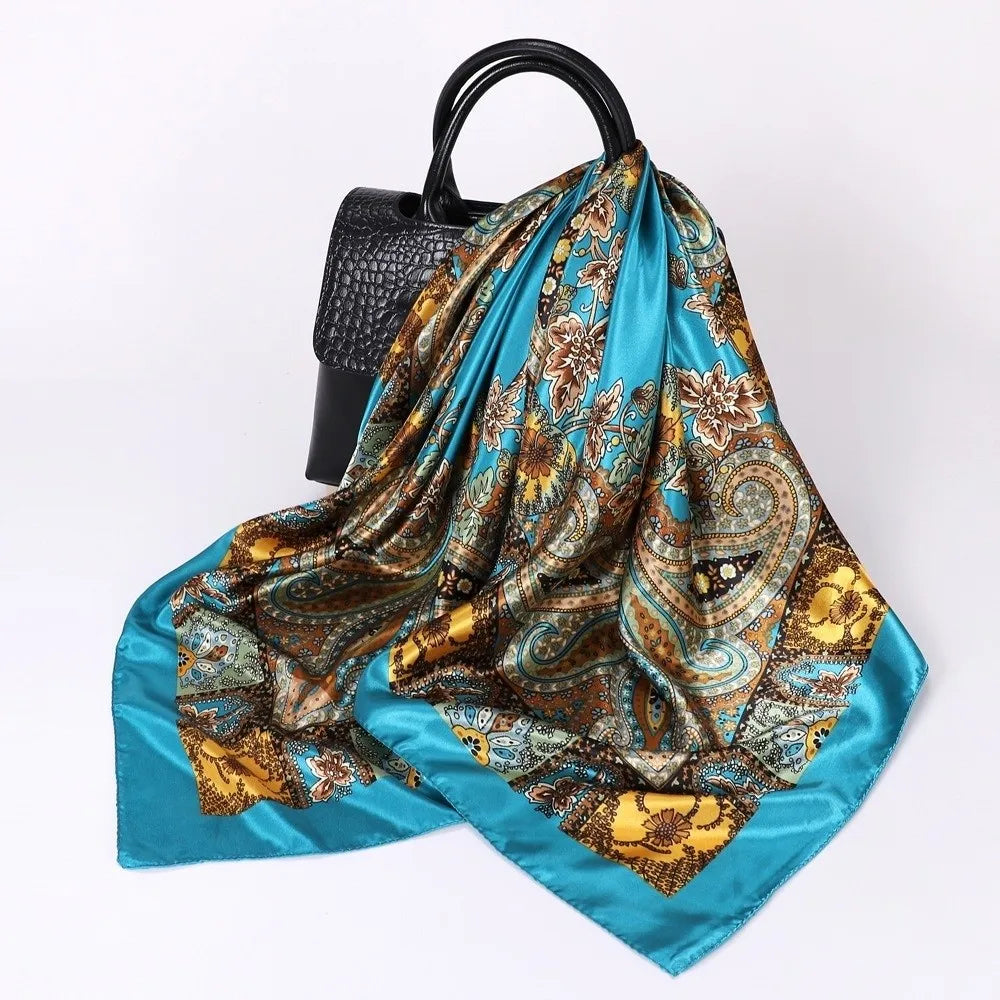 90x90cm Satin Square Scarf – Bohemian Floral Hair Wrap & Shawl