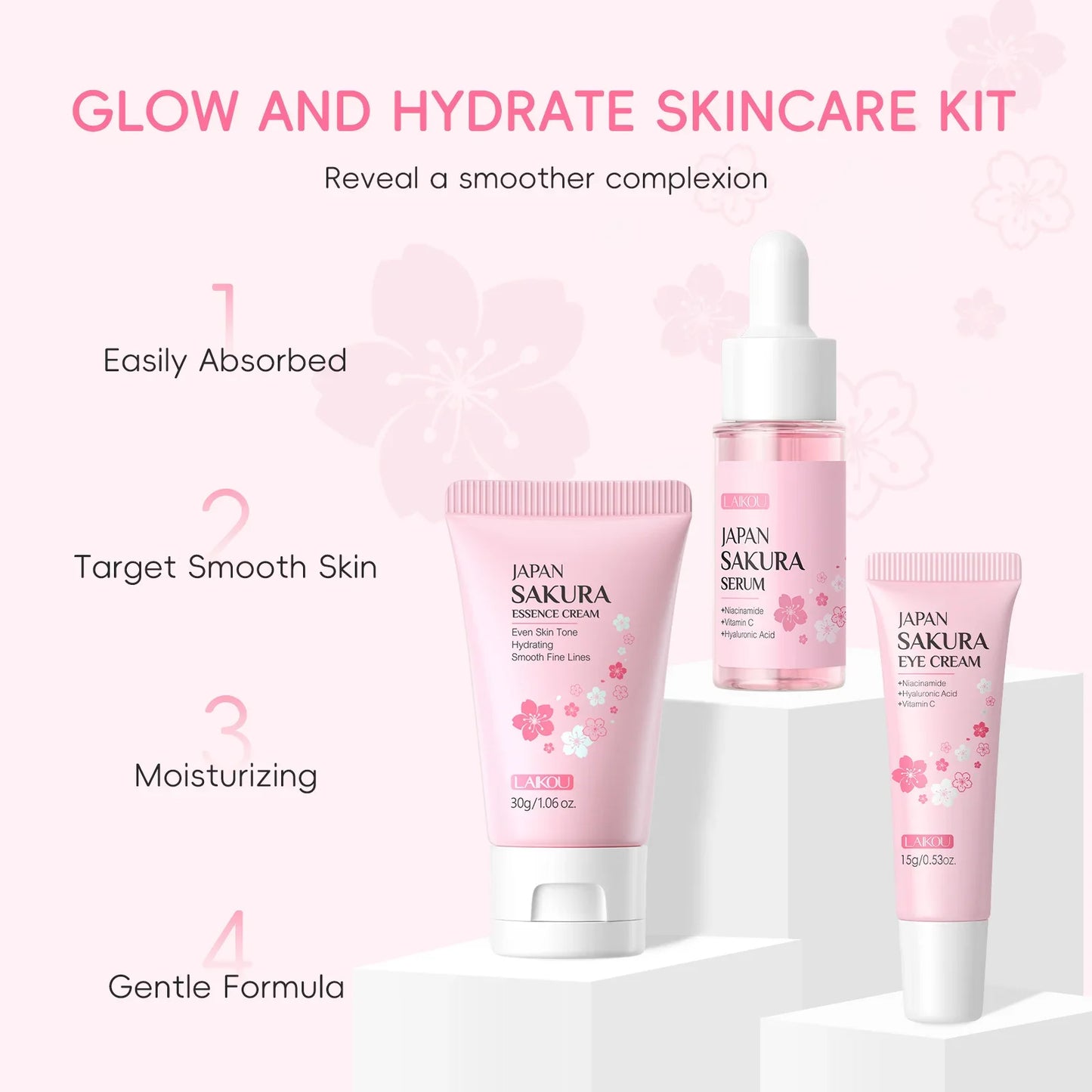 LAIKOU Vitamin C Sakura 3-Piece Skincare Set – Serum, Eye & Face Cream