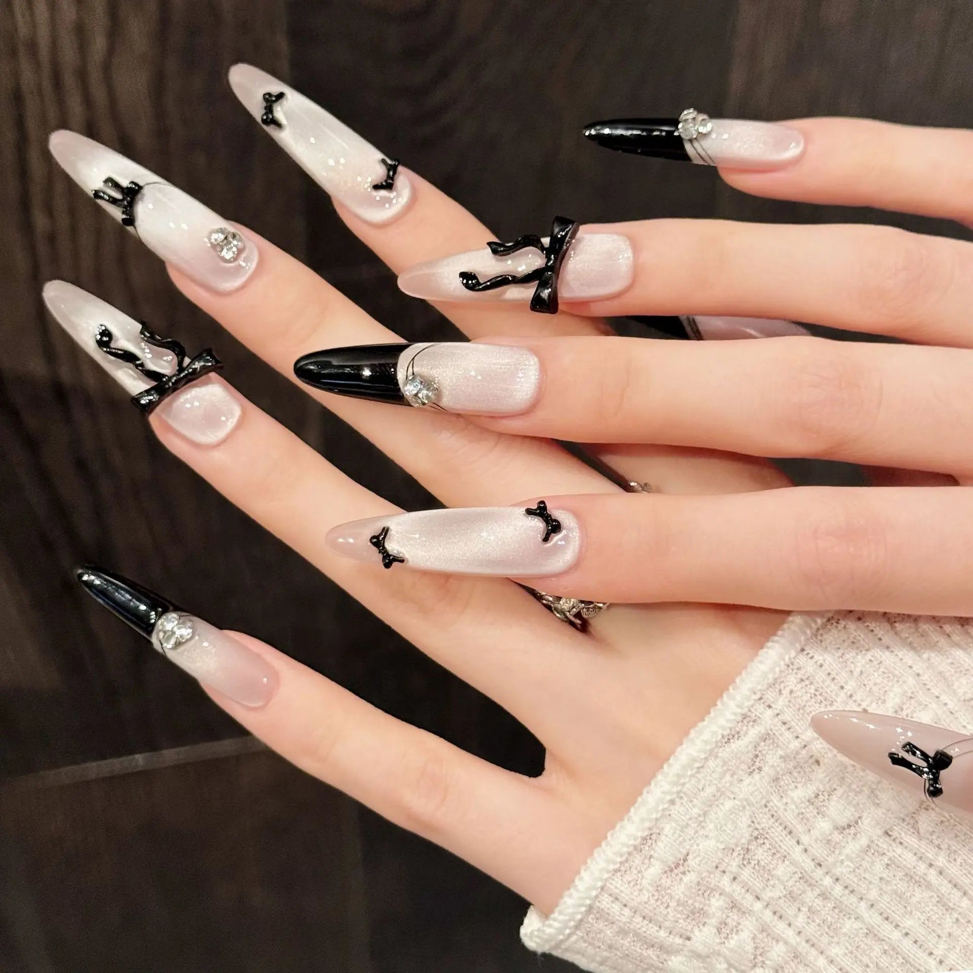 10pcs Handmade Almond French Press on Nails 3D Bow Decor Cat's Eye Fake Nail Tips Wearable Fashion Shiny Gentle False Nails Long Peaceful Pleasures Health and Wellness