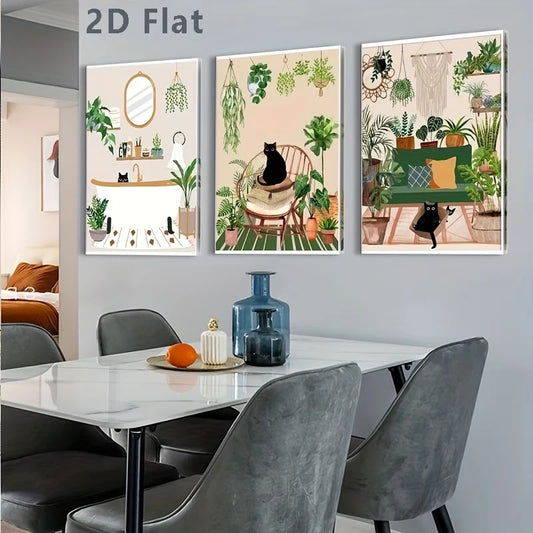 3-Piece Black Cat & Green Plant Canvas Wall Art Print Set Canvas Wall Art Set Peaceful Pleasures Health and Wellness G5330-3pcs 21x30cm Black Framed