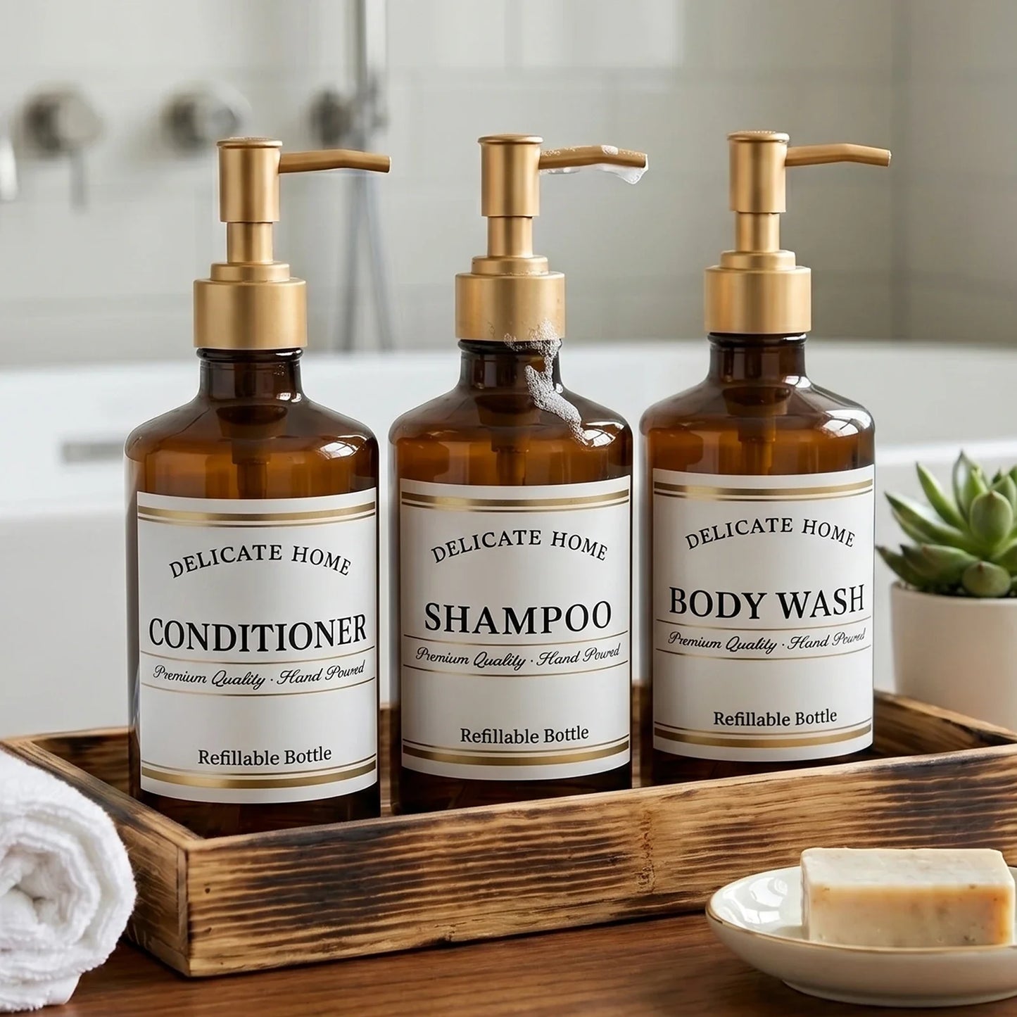 Amber Pump Dispenser Bottles 3-Pack | 500ml Refillable Shower Set