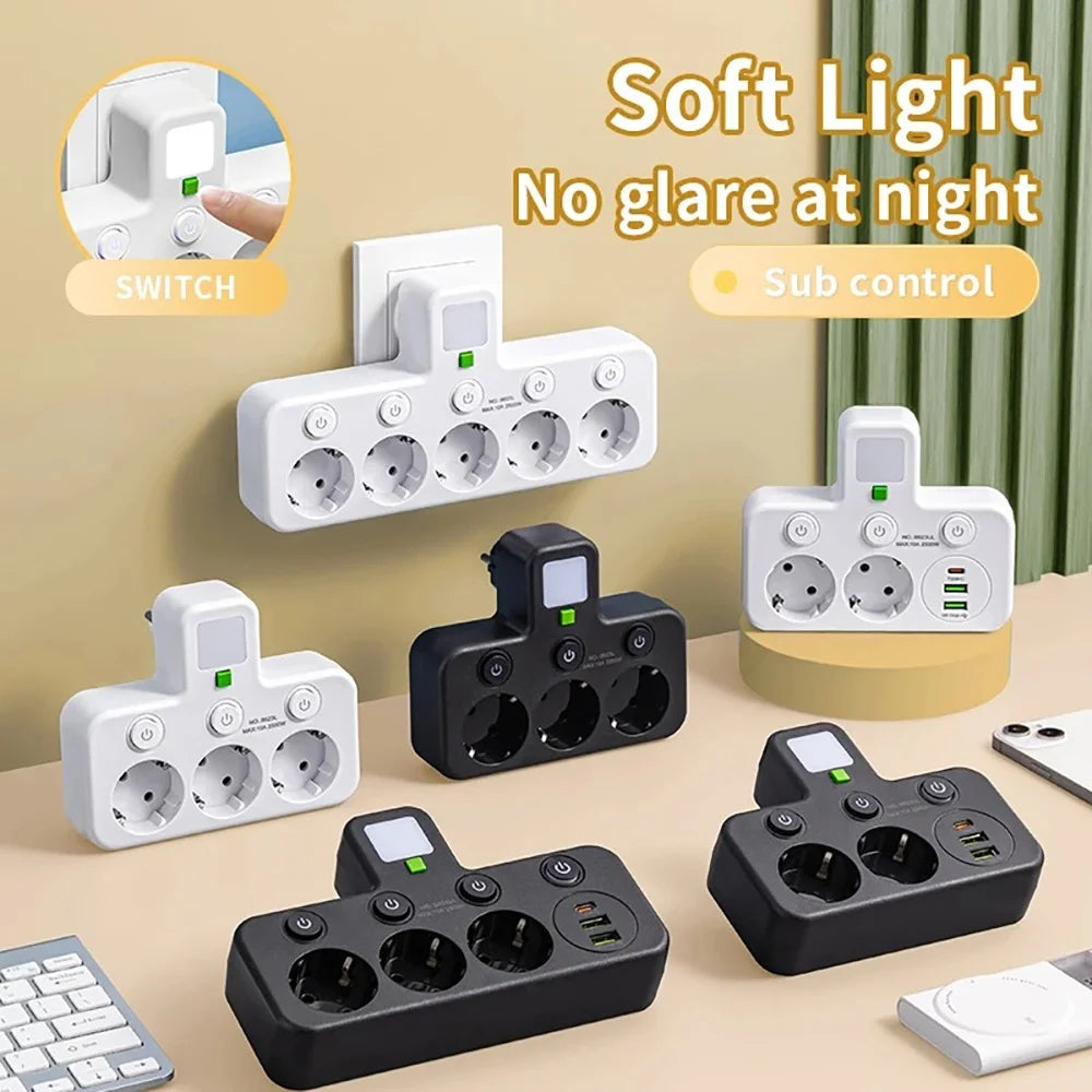 EU Plug Multi Socket Power Strip with USB-C USB Ports Night Light Individual Switches 2500W Wall Charger Adapter for Home Office Peaceful Pleasures Health and Wellness