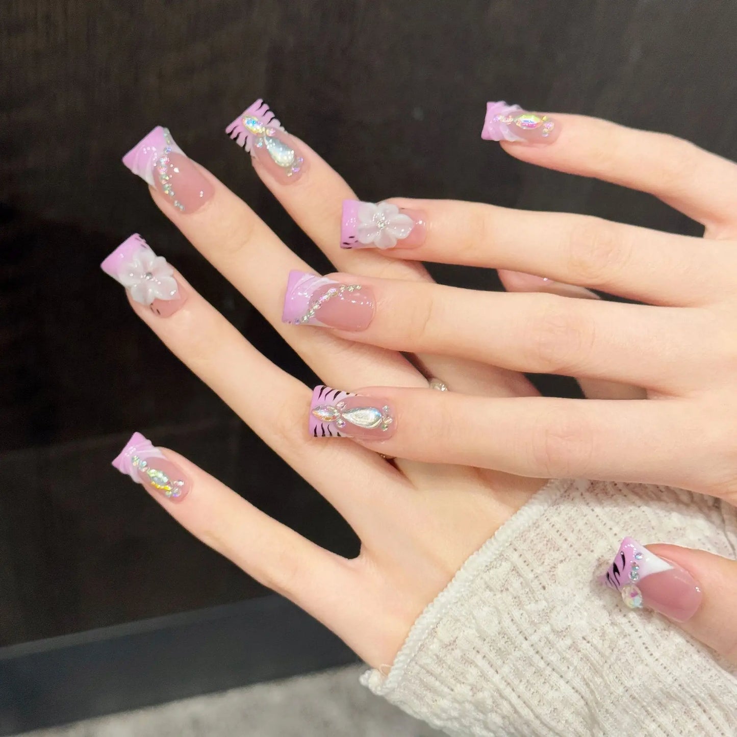 Handmade Press On Nails Short Duckbill Fake Nails With Pink Gradient Tiger Pattern Wearable 3D Flower Diamond False Nails 10pcs Peaceful Pleasures Health and Wellness S