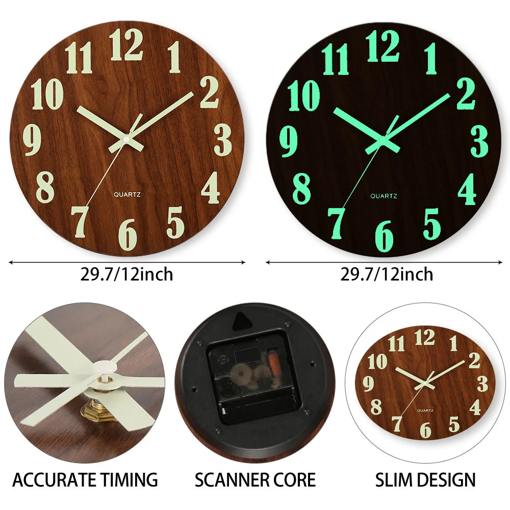12 Inch Luminous Wall Clock Wood Silent light in dark night Nordic Fashion Wall Clock Non Ticking Clock With Night Light Peaceful Pleasures Health and Wellness