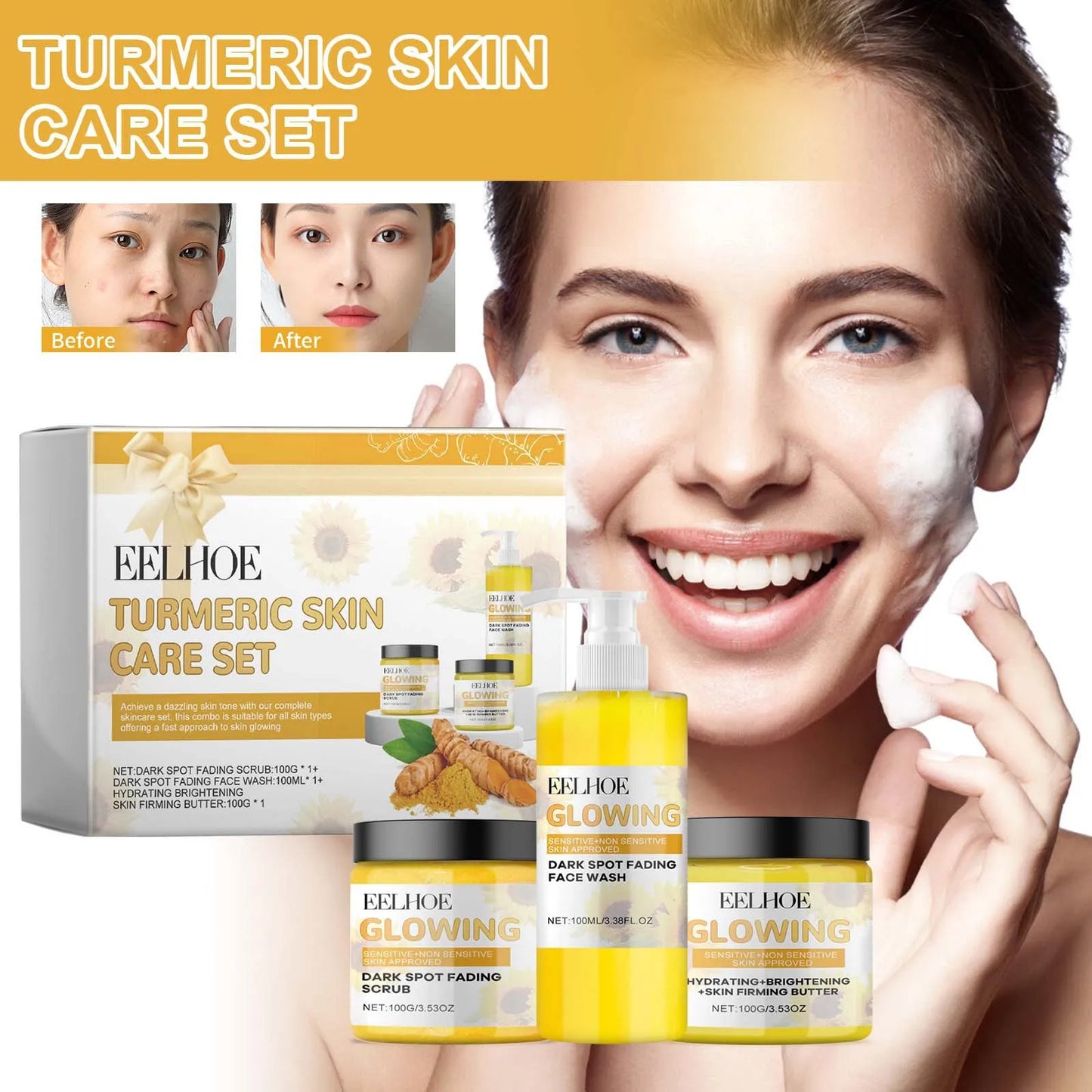 Eelhoe Turmeric Face Care Set – Wash, Cream & Scrub