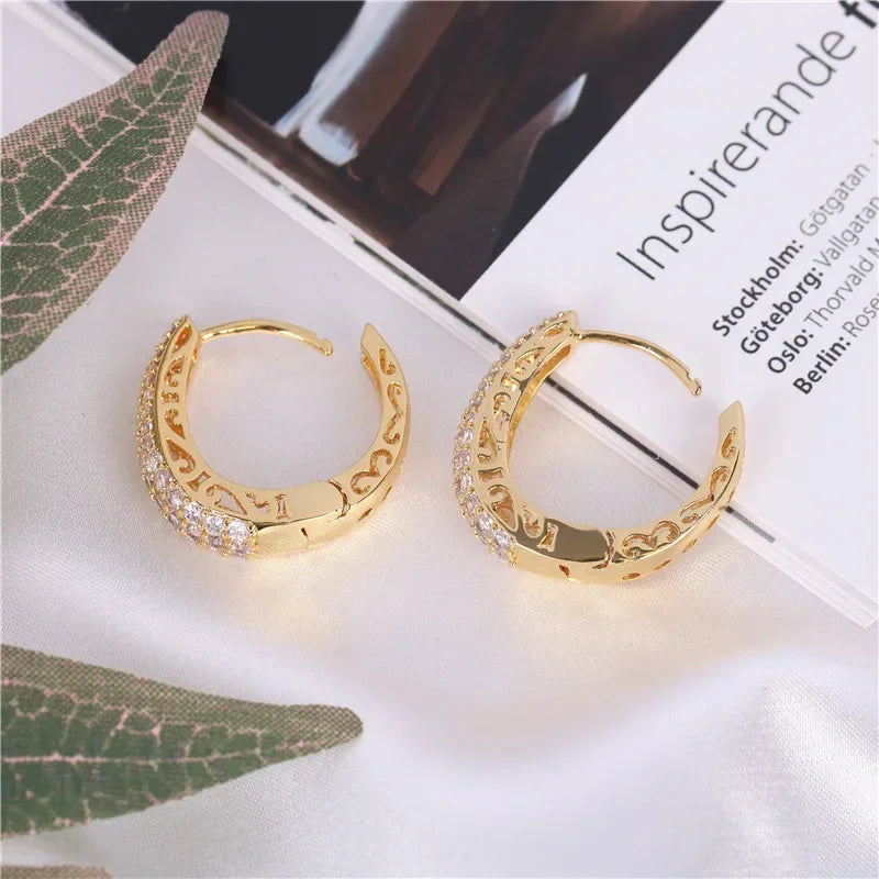 Hollow Gold Color Hoop Earrings for Women Paved Dazzling CZ Stone Luxury Trendy Female Circle Earrings Statement Jewelry Peaceful Pleasures Health and Wellness