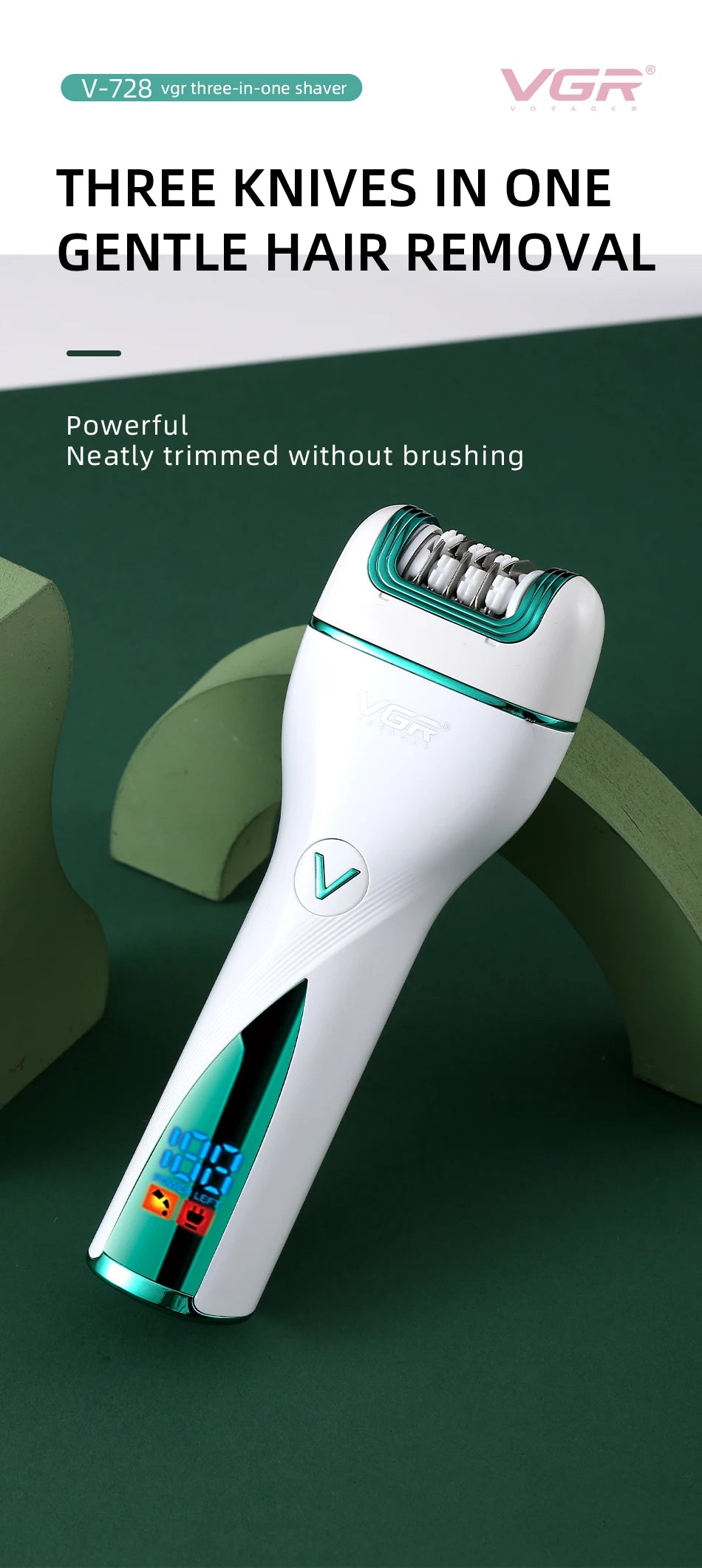 VGR 728 Shaver 3 in 1 Rechargeable Digital Epilator for Women Electric Epilator New for Face and Body Hair trimming set Peaceful Pleasures Health and Wellness
