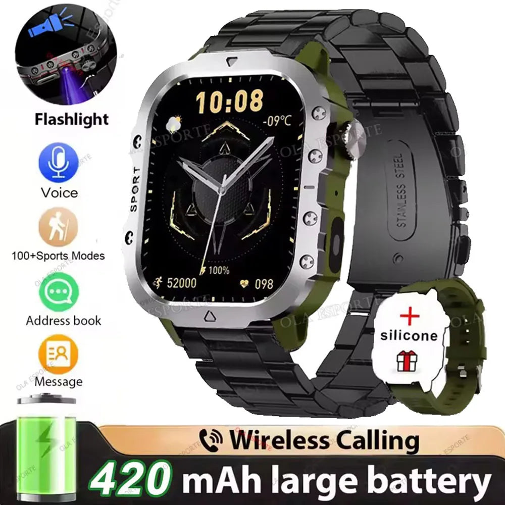 2026 Outdoors Durable Men Sports Smart Watch 1400mAh Battery LED Flashlight Waterproof Bluetooth Call Military Smartwatchs HW12 Peaceful Pleasures Health and Wellness 2.01 Gr22BkSzstrap Smartwatch
