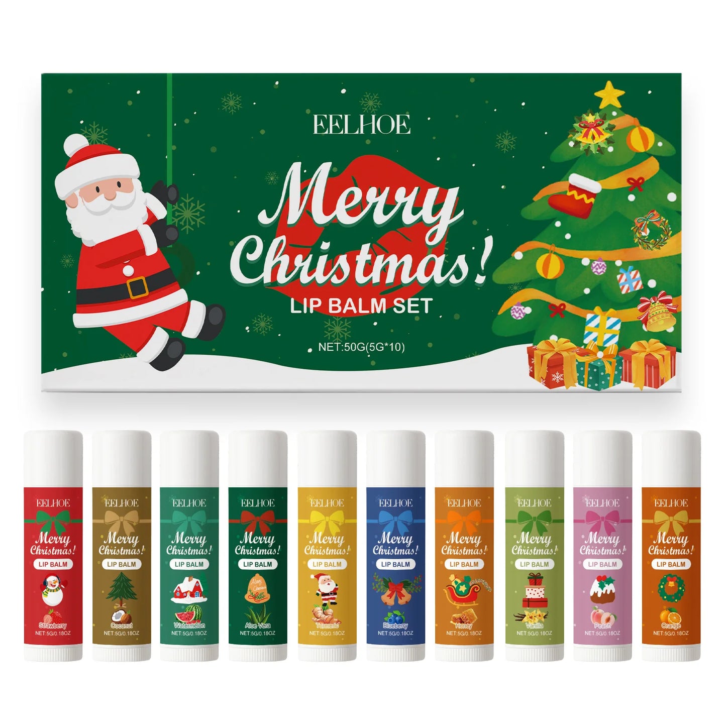 10-Piece Christmas Lip Balm Gift Set – 10 Flavors, Deep Hydration
