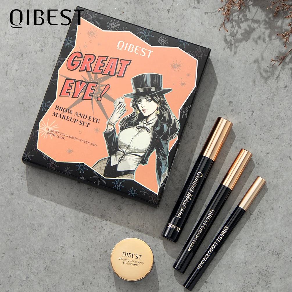 QIBEST 4PCS Eyes Makeup Sets Liquid Eyeliner Pen 4D Black Mascara Eyelash Serum Lengthening Thick Enhancer Eyes Cosmetics Kits Peaceful Pleasures Health and Wellness