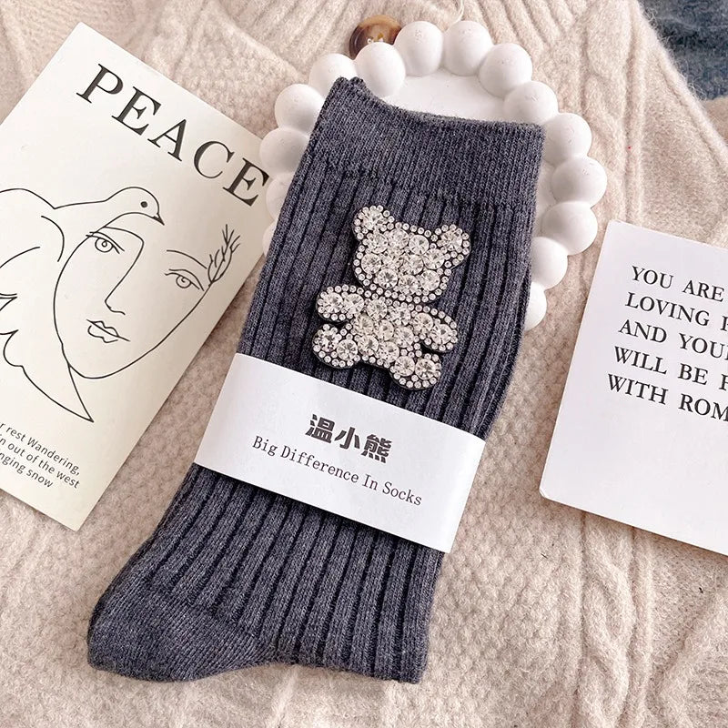 Diamond Cartoon Bear Decorative Socks, Fashionable Diamond Sparkling Women's Socks, Comfortable And Breathable Christmas Socks Peaceful Pleasures Health and Wellness Dark Grey EU35-39