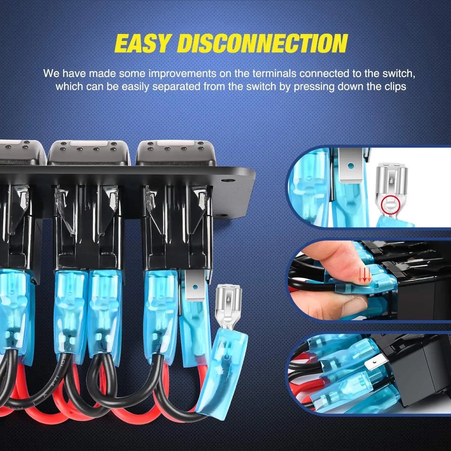 6 Gang Aluminum Rocker Switch Panel – Blue Backlit Peaceful Pleasures Health and Wellness