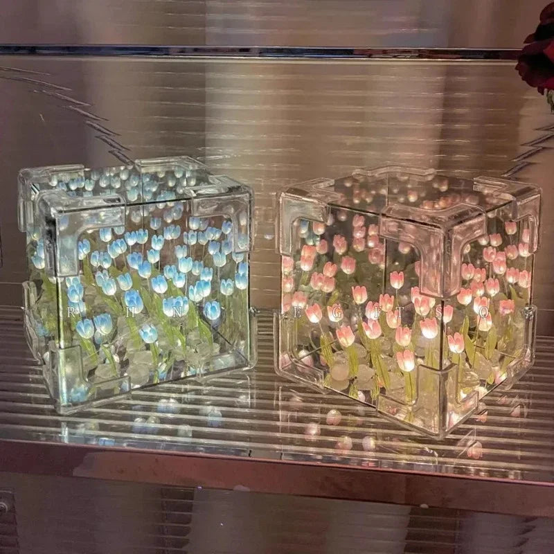Hot Tulip Nightlight Handmade DIY Material Cube Tulip Mirror Bedroom Decor Atmosphere Lamp Valentine's Day Birthday Gift Peaceful Pleasures Health and Wellness