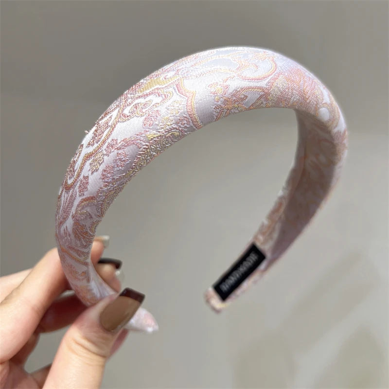 New Chinese Style Printed High Skull Headband with Elegant Temperament Retro Headband for Women Peaceful Pleasures Health and Wellness Pink Width about 3cm