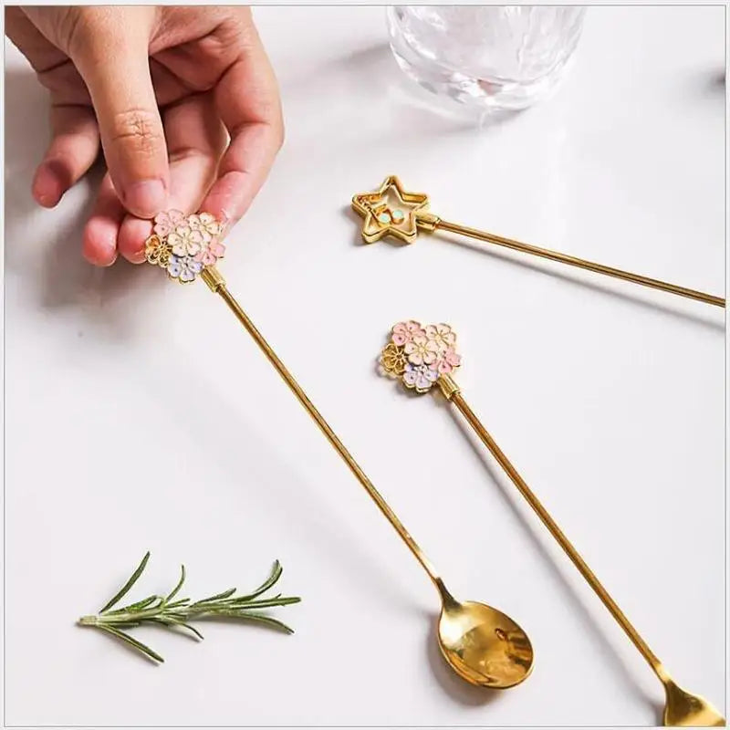 Cherry Blossom Spoon Fork Stainless Steel Coffee Kitchen Star Long