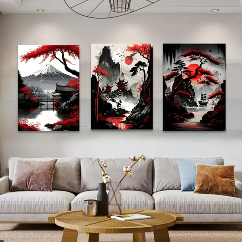 3-Piece Fuji Mountain Japanese Canvas Wall Art Set – Unframed Canvas Wall Art Set Peaceful Pleasures Health and Wellness