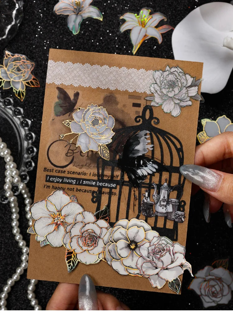 Black and White Flower Stickers with Gold Holographic Outlines, Glitter Shiny Waterproof Decals for Scrapbooking, Journal Peaceful Pleasures Health and Wellness