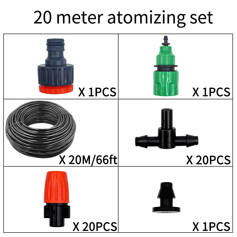 Fog Nozzles Irrigation Kit 5M-20M Garden Automatic Spray Misting Plant Watering System with 4/7 PE Hose and Connector Peaceful Pleasures Health and Wellness 20M