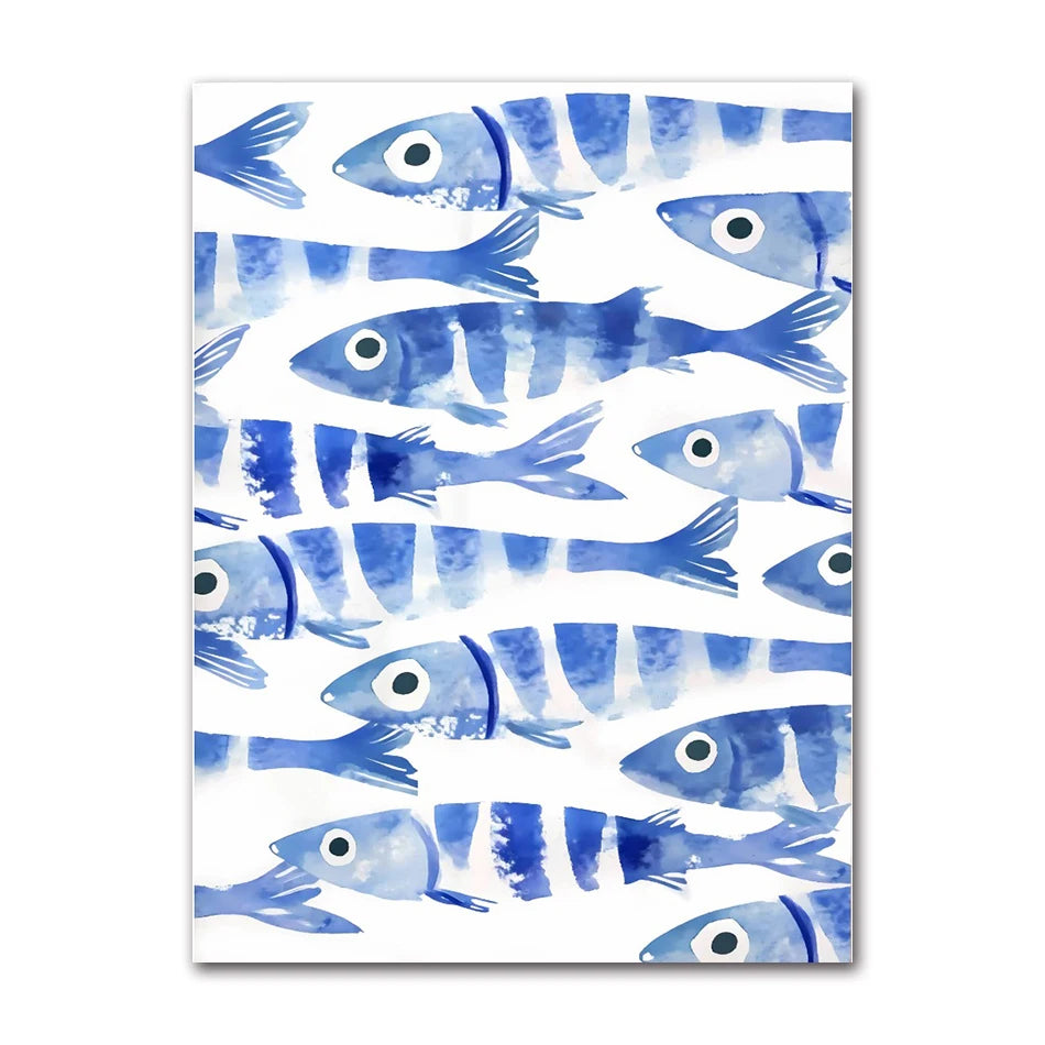 Blue Sardines Fish Canvas Print Set | Japanese Cute Wall Art