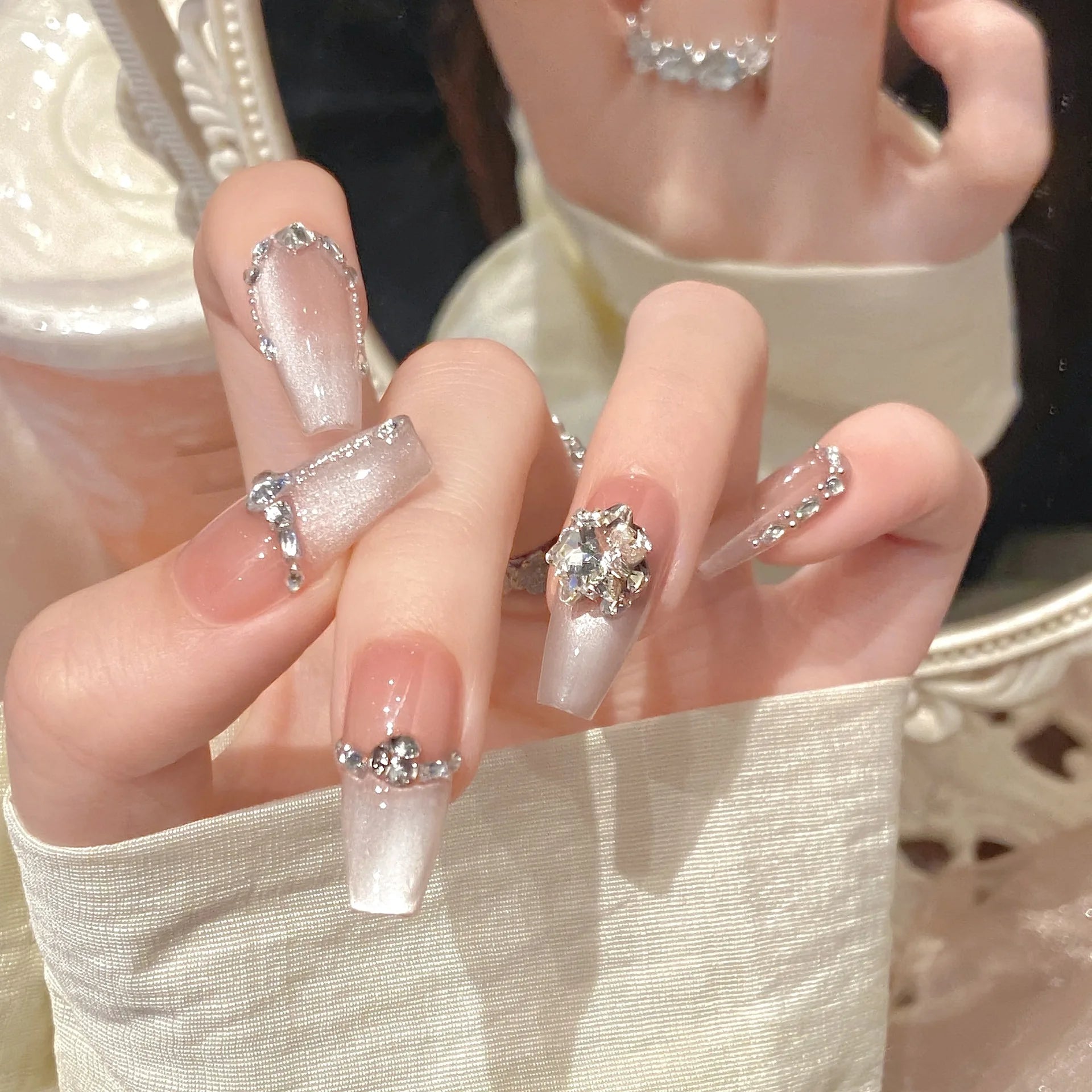Handmade Korean Cat Eye Press on Nails Shiny Sweet Nude Cat Eye Fake Nails for Women Girl Wearable Rhinestone Decor False Nails Peaceful Pleasures Health and Wellness S
