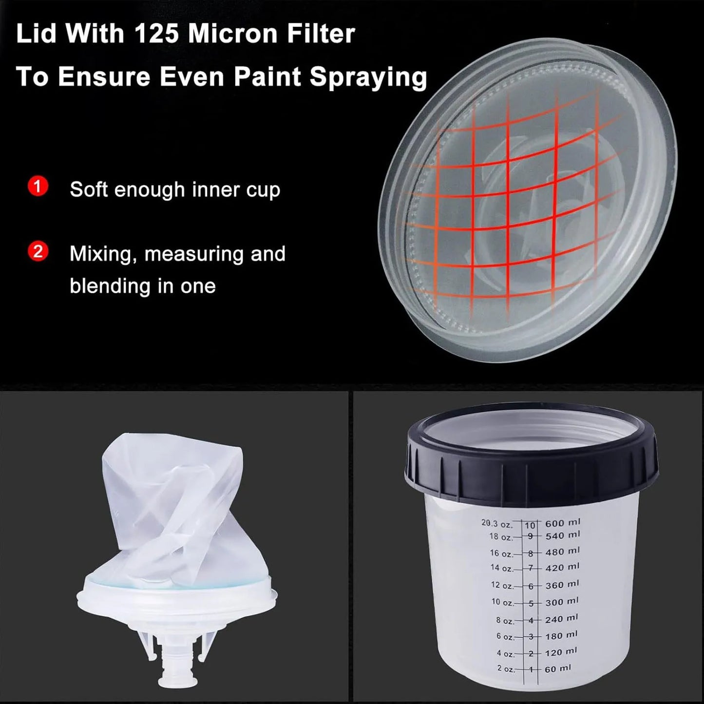 Spray Gun Cup Liners and Lid System Disposable 50pcs 20.3oz Liners 1 Hard Cup 1 Fixing Ring 10 Plugs 1 Mixing Rod 2 Adapters Peaceful Pleasures Health and Wellness