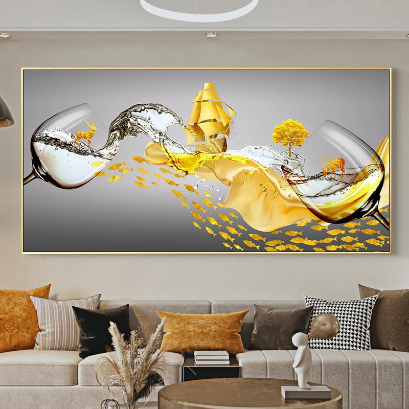 Chinese Feng Shui Golden Rich Tree Canvas Painting Wall Art Deer Landscape Lucky Stone Posters Wall Art for Living Room Decor Peaceful Pleasures Health and Wellness w2624 golden-29 20x40cm