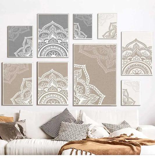 Bohemia Mandala Floral Beige Abstract Posters Canvas Painting Wall Art Print Pictures for Living Room Interior Home Decoration Peaceful Pleasures Health and Wellness