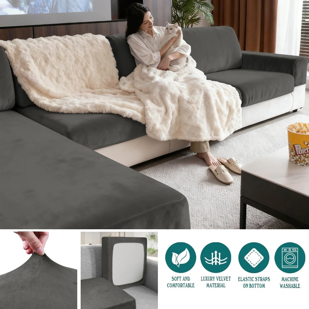 Luxury Soft Velvet Sofa Seat Cover Solid Elastic Sofa Cushion Covers Separate Furniture Protector Sofa Cover Living Room Pets Peaceful Pleasures Health and Wellness Grey 2 Seat 100-125cm-1pc