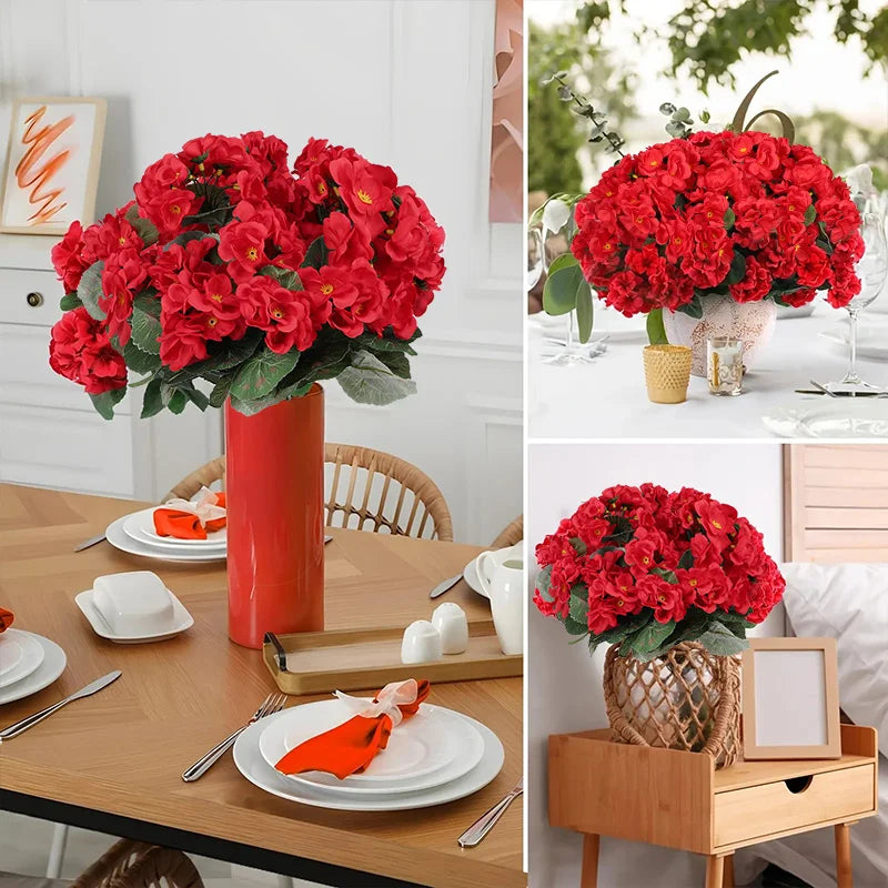 2Pcs Artificial Silk Geranium Flowers | Red Fake Plants for Home