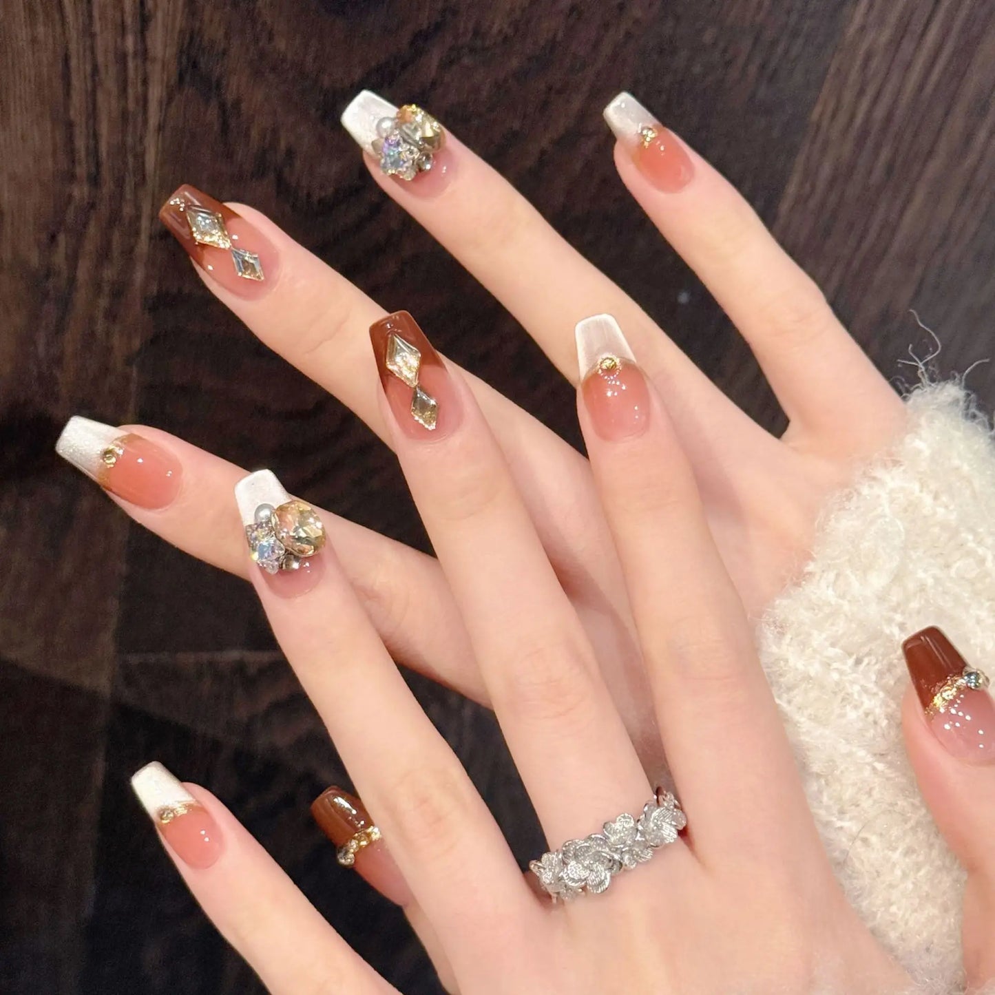 French Cat's Eye Press On Nails – Diamond Ballet Manicure Set