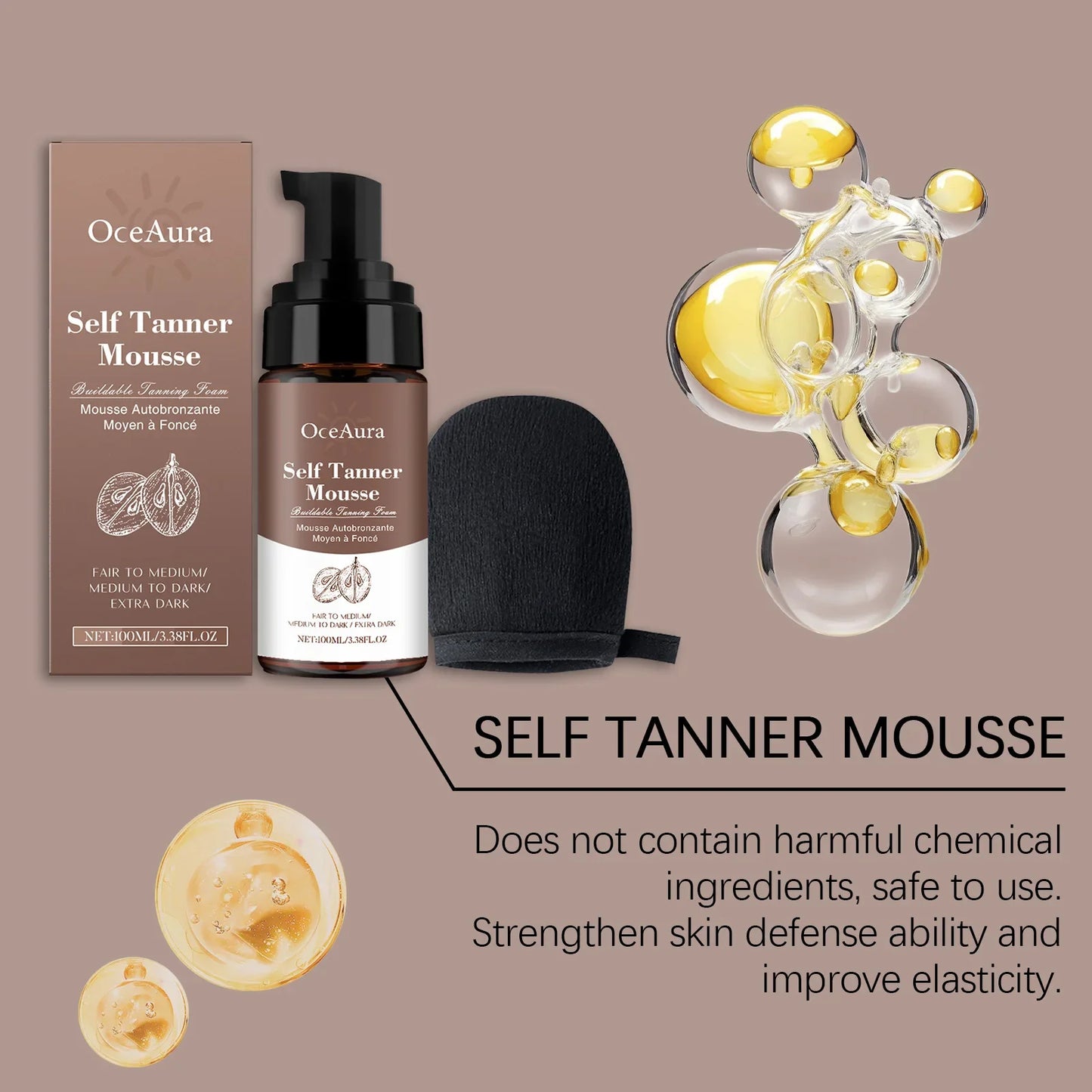 OceAura Sunless Self Tanning Mousse | Buildable Glow 100ml