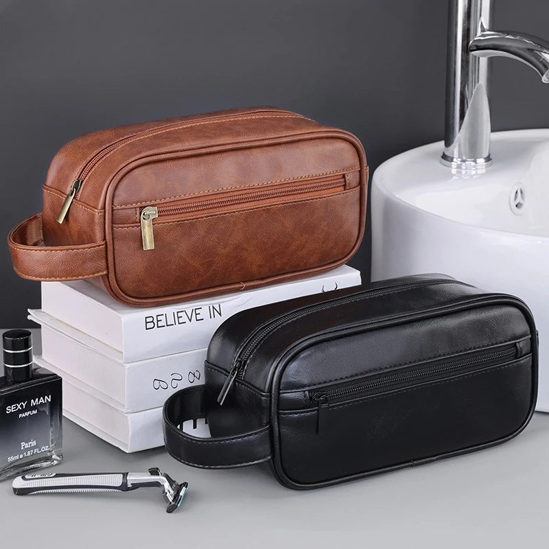Large Capacity Men Leather Travel Wash Bag Business Trips Portable Cosmetic Bag Multi Pocket Design Handheld Leather Wash Bag Peaceful Pleasures Health and Wellness
